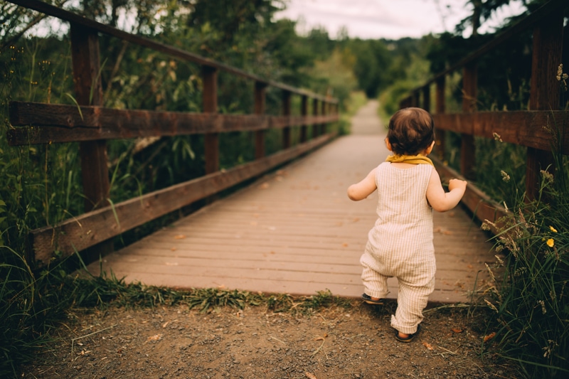 Family Photography - a little toddler boy, just walking, steps on a wooden foot bridge in a forest environment