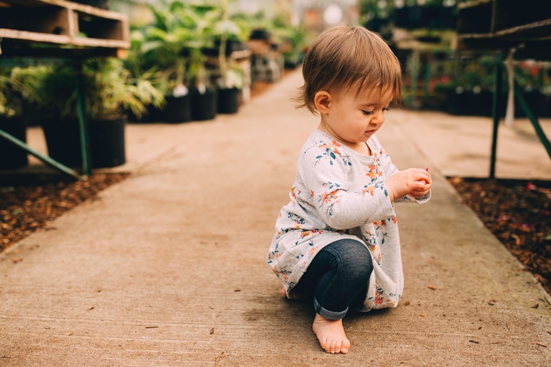 Milestone Photography, a baby girl examines something off the ground at a plant nursery